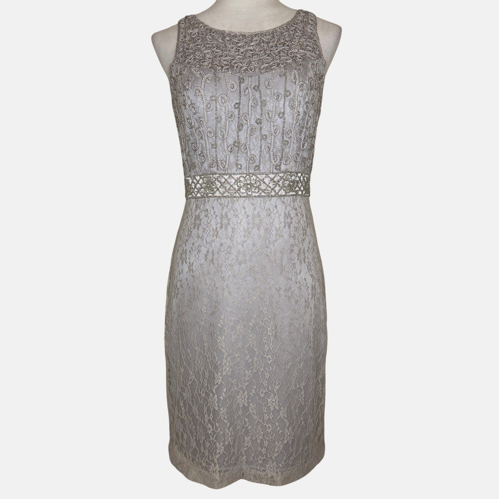 Sue Wong Silver Lace Beaded Waist Sheath Dress 6 Sequin Cocktail Old‎ Hollywood